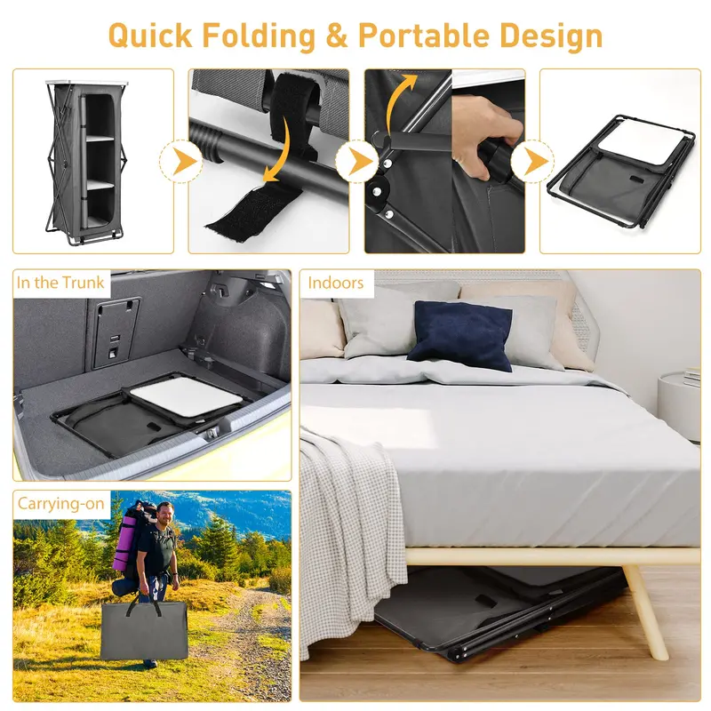 Pop-Up Camping Kitchen Station with Three-Tier Folding Storage Cabinet