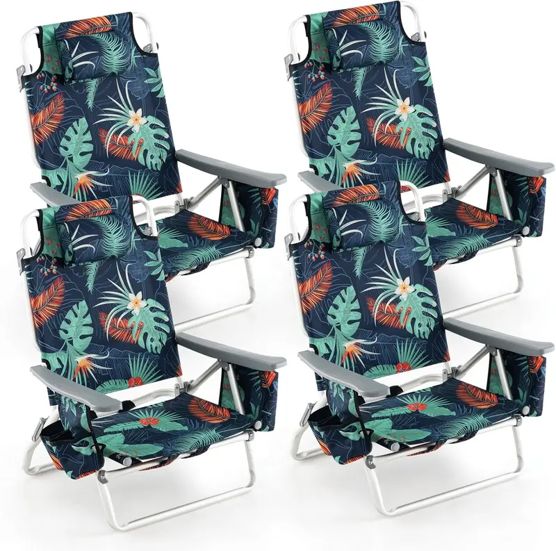 Portable Backpack Beach Chairs – 4-Pack with Insulated Cooler Bag and Cup Holders (No Side Table)