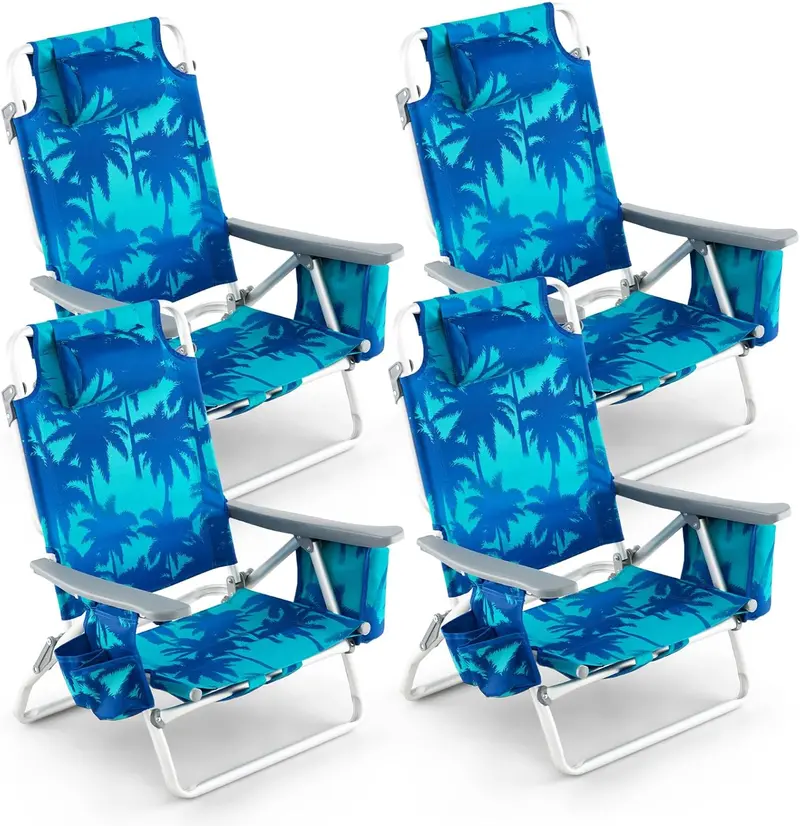 Portable Backpack Beach Chairs – 4-Pack with Insulated Cooler Bag and Cup Holders (No Side Table)
