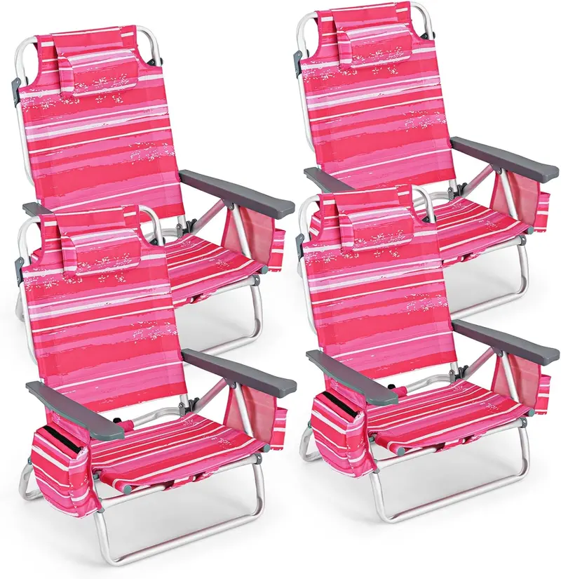 Portable Backpack Beach Chairs – 4-Pack with Insulated Cooler Bag and Cup Holders (No Side Table)