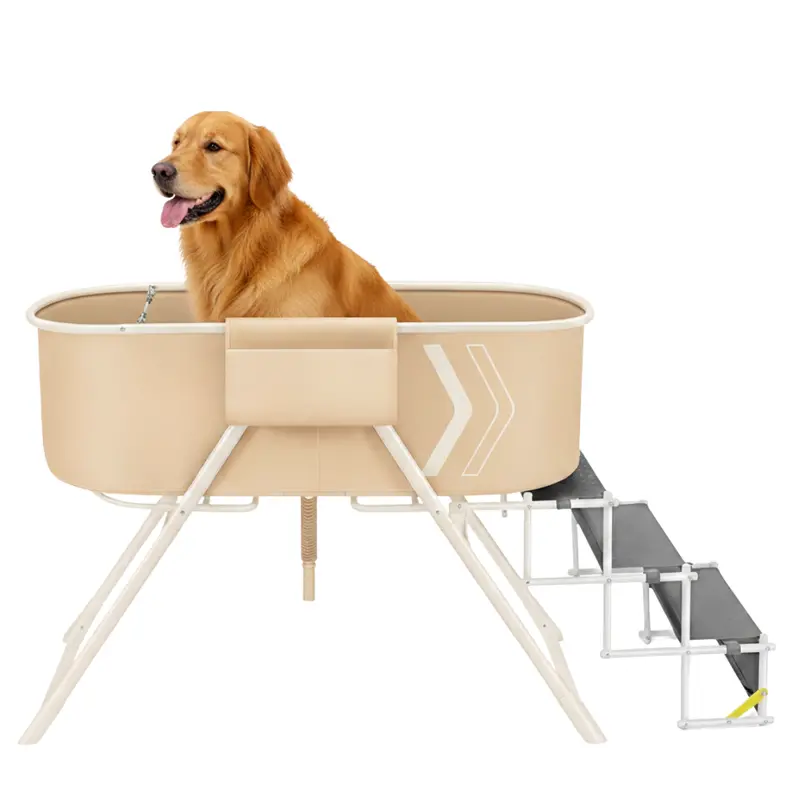 Portable Dog Bath Tub with Elevated Basin, Foldable Steps & Drain Hose
