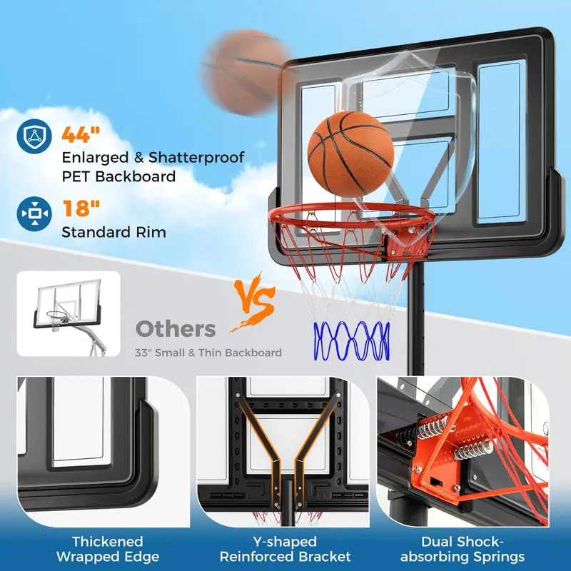 Portable Height-Adjustable Basketball Hoop – 10-Foot Goal with 44-Inch Shatterproof Backboard