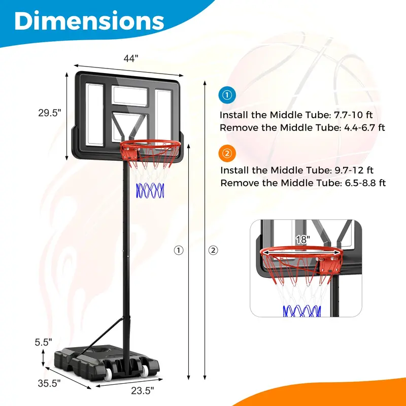 Portable Height-Adjustable Basketball Hoop – 10-Foot Goal with 44-Inch Shatterproof Backboard