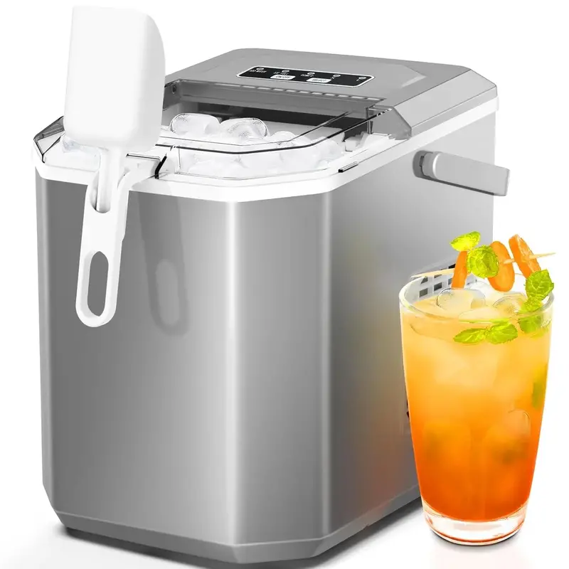 Portable Ice Maker – 9 Cubes in 6 Minutes, 26.5 lbs/Day, Self-Cleaning, Dual Ice Sizes, Grey