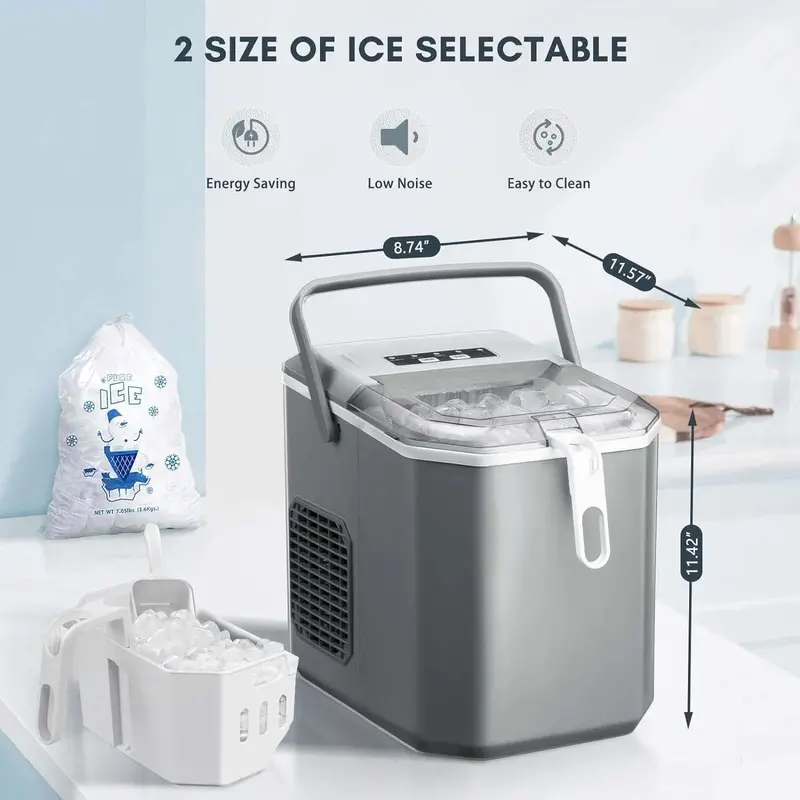 Portable Ice Maker – 9 Cubes in 6 Minutes, 26.5 lbs/Day, Self-Cleaning, Dual Ice Sizes, Grey