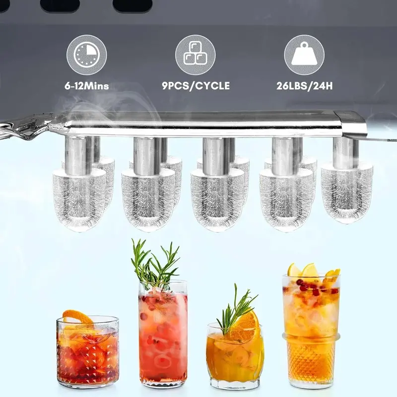 Portable Ice Maker – 9 Cubes in 6 Minutes, 26.5 lbs/Day, Self-Cleaning, Dual Ice Sizes, Grey