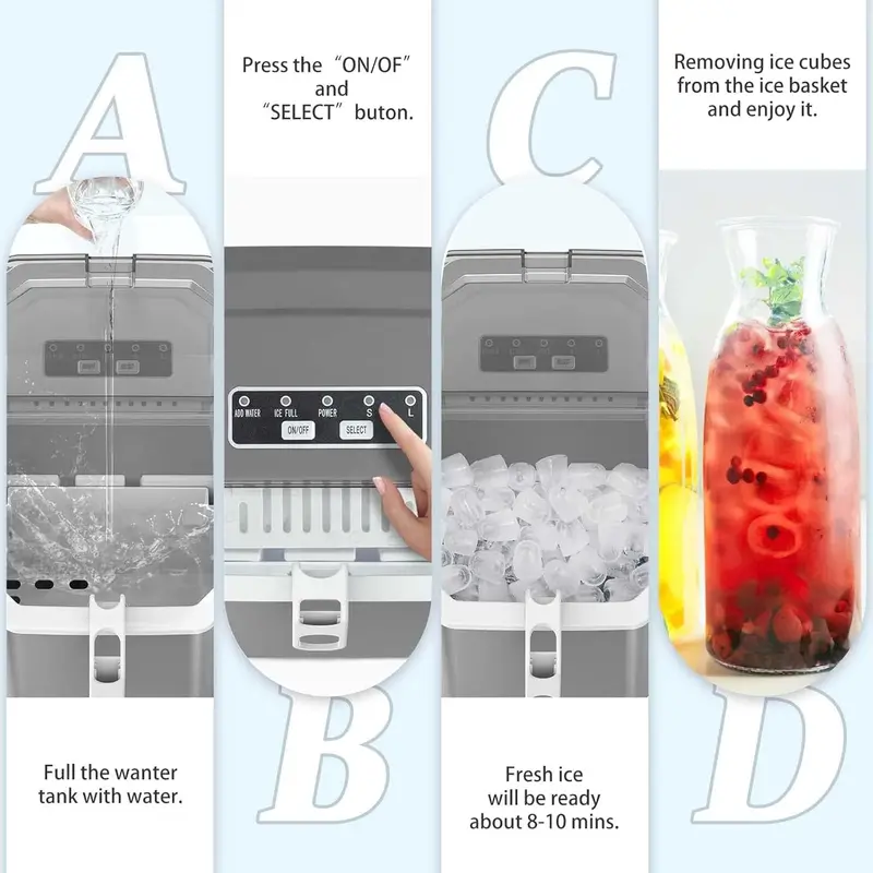 Portable Ice Maker – 9 Cubes in 6 Minutes, 26.5 lbs/Day, Self-Cleaning, Dual Ice Sizes, Grey