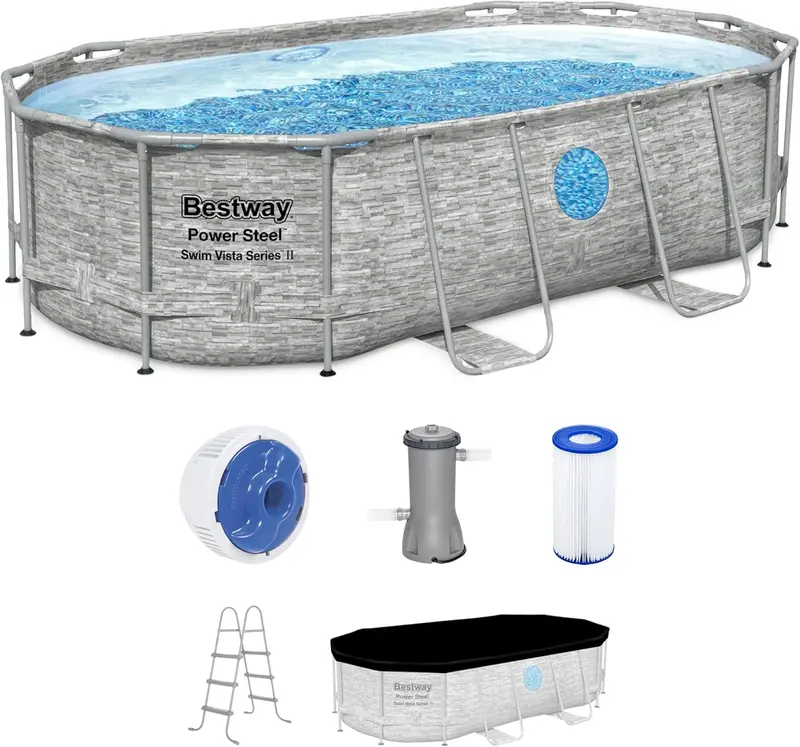 Power Steel Swim Vista II Above-Ground Pool – 14' x 8'2" x 39.5" Outdoor Swimming Set with Filter Pump, Ladder & Cover