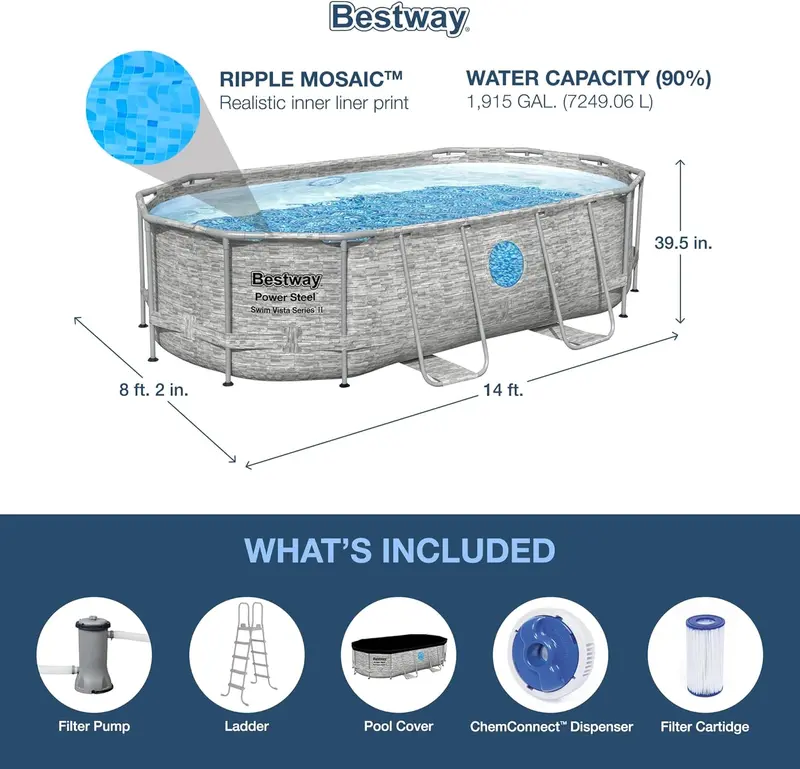 Power Steel Swim Vista II Above-Ground Pool – 14' x 8'2" x 39.5" Outdoor Swimming Set with Filter Pump, Ladder & Cover