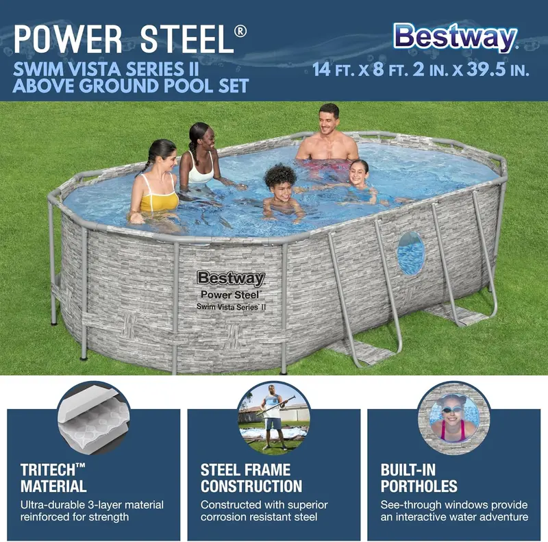 Power Steel Swim Vista II Above-Ground Pool – 14' x 8'2" x 39.5" Outdoor Swimming Set with Filter Pump, Ladder & Cover