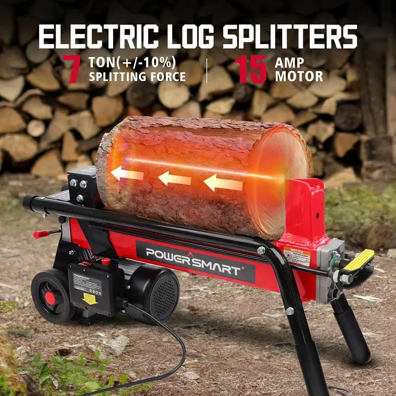 PowerSmart 7-Ton Electric Log Splitter – 15-Amp Motor, Horizontal Full-Beam Design, Steel Wedge