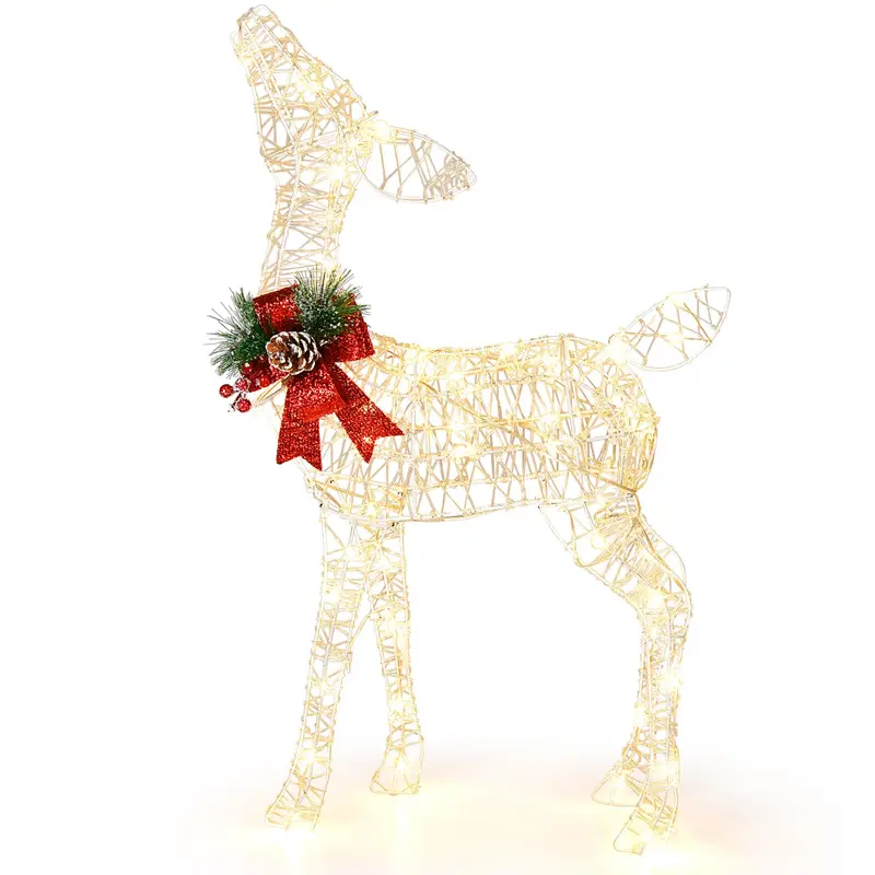 Pre-Lit Baby Reindeer Decoration – Lighted Holiday Figurine with 50 Warm White LEDs & Festive Red Bow