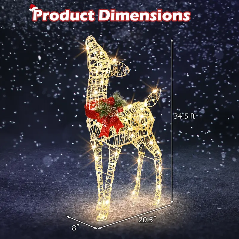 Pre-Lit Baby Reindeer Decoration – Lighted Holiday Figurine with 50 Warm White LEDs & Festive Red Bow 2