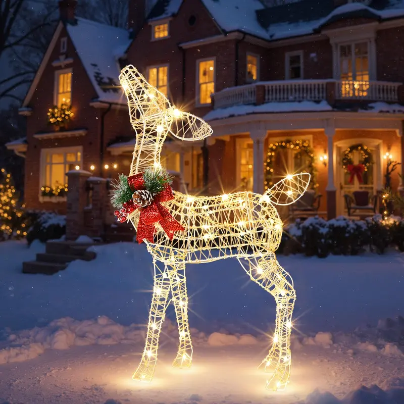 Pre-Lit Baby Reindeer Decoration – Lighted Holiday Figurine with 50 Warm White LEDs & Festive Red Bow
