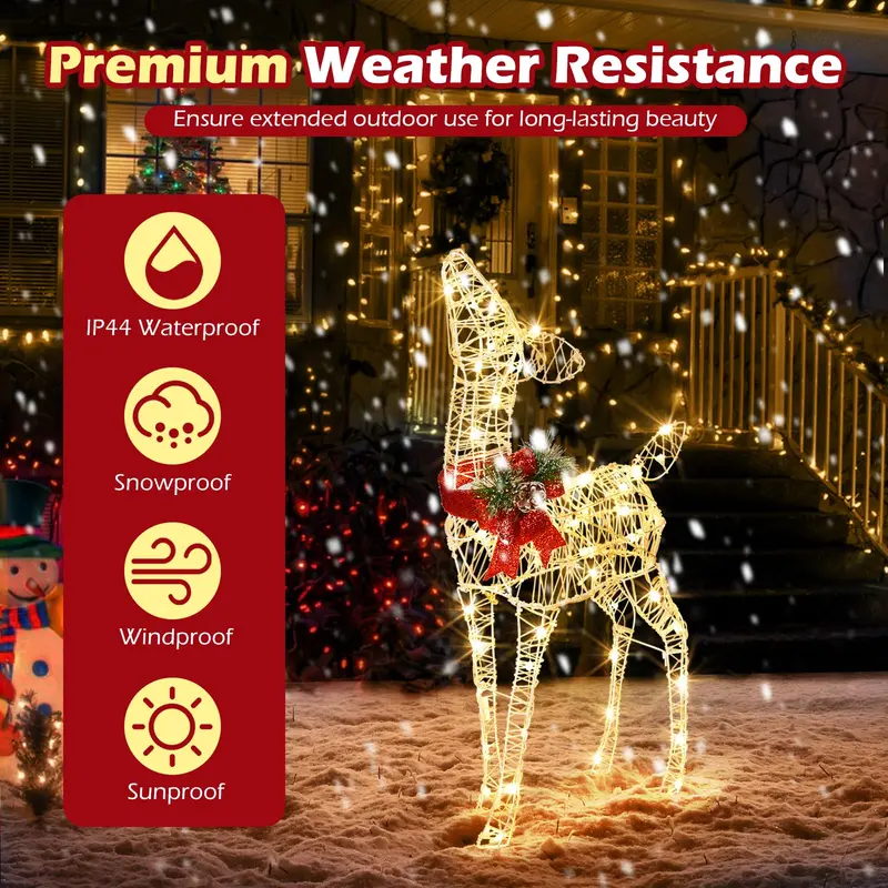 Pre-Lit Baby Reindeer Decoration – Lighted Holiday Figurine with 50 Warm White LEDs & Festive Red Bow