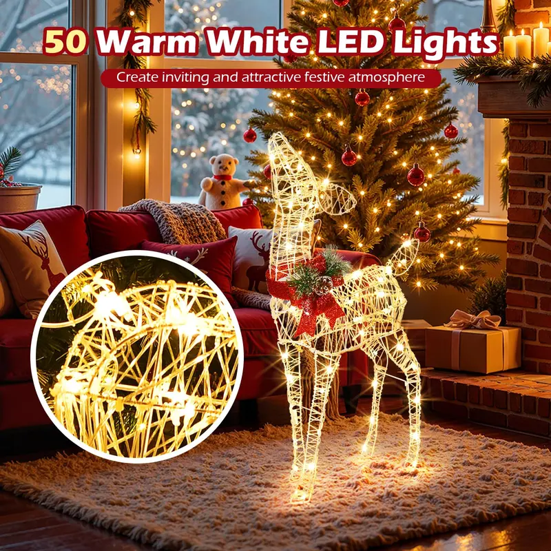 Pre-Lit Baby Reindeer Decoration – Lighted Holiday Figurine with 50 Warm White LEDs & Festive Red Bow