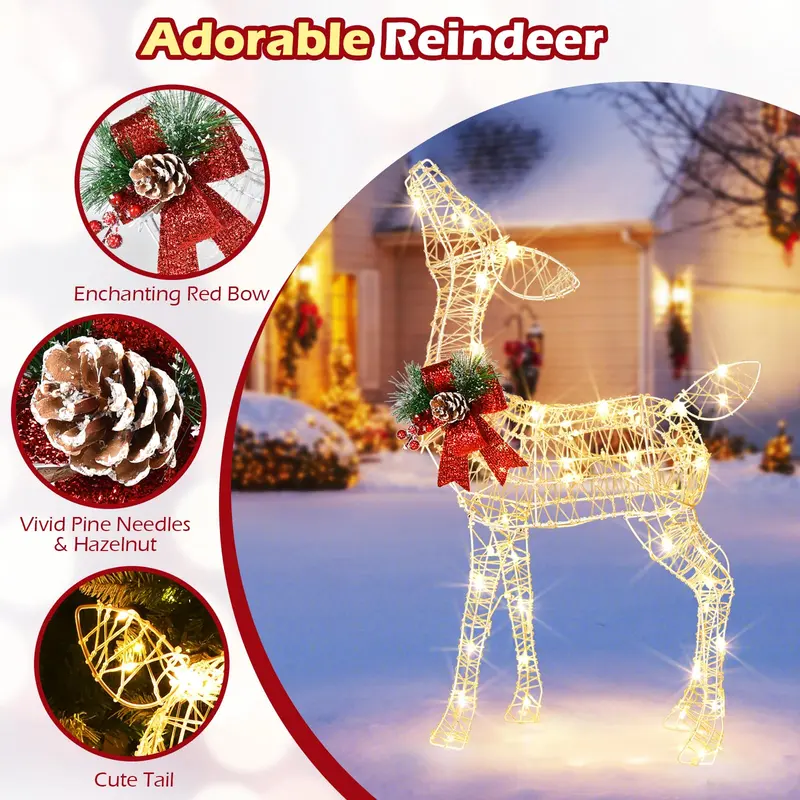 Pre-Lit Baby Reindeer Decoration – Lighted Holiday Figurine with 50 Warm White LEDs & Festive Red Bow
