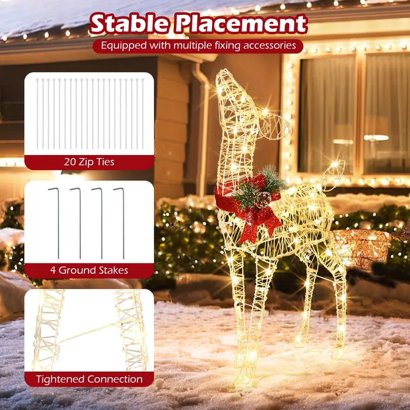 Pre-Lit Baby Reindeer Decoration – Lighted Holiday Figurine with 50 Warm White LEDs & Festive Red Bow