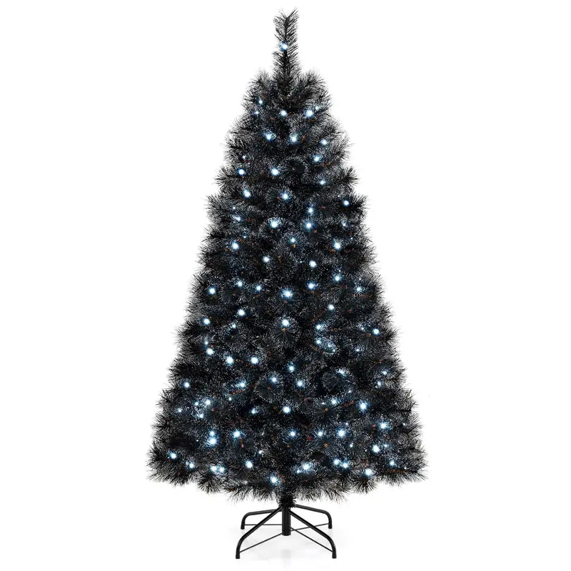 Pre-Lit Black Artificial Christmas Tree — Hinged Full-Profile Design in 6 ft, 7 ft, or 8 ft; Features 362–860 PVC Tips and Pine-Like Texture