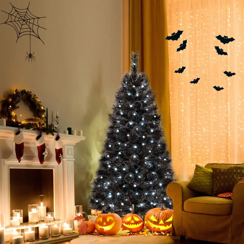 Pre-Lit Black Artificial Christmas Tree — Hinged Full-Profile Design in 6 ft, 7 ft, or 8 ft; Features 362–860 PVC Tips and Pine-Like Texture 2