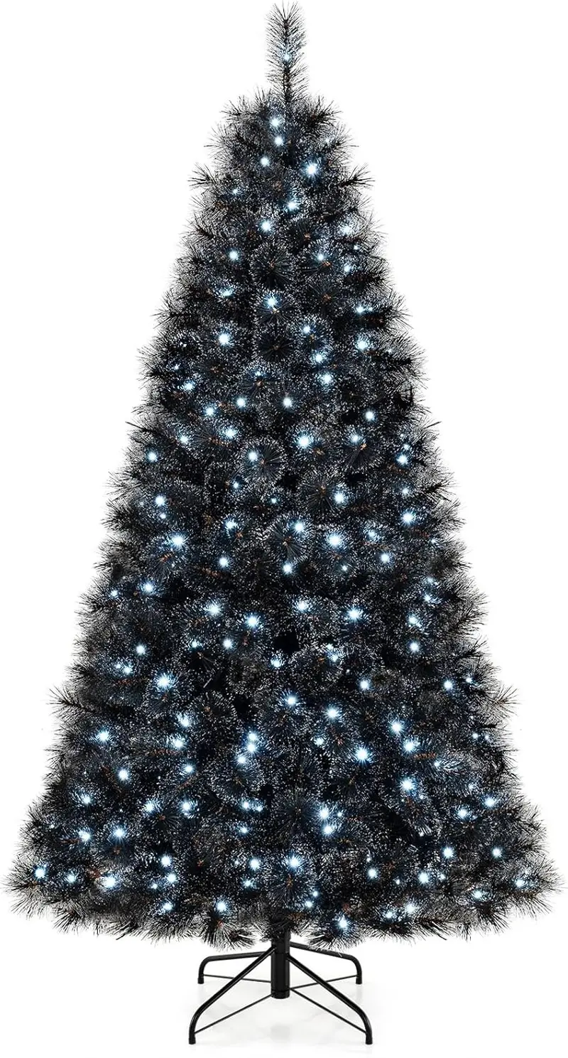 Pre-Lit Black Artificial Christmas Tree — Hinged Full-Profile Design in 6 ft, 7 ft, or 8 ft; Features 362–860 PVC Tips and Pine-Like Texture