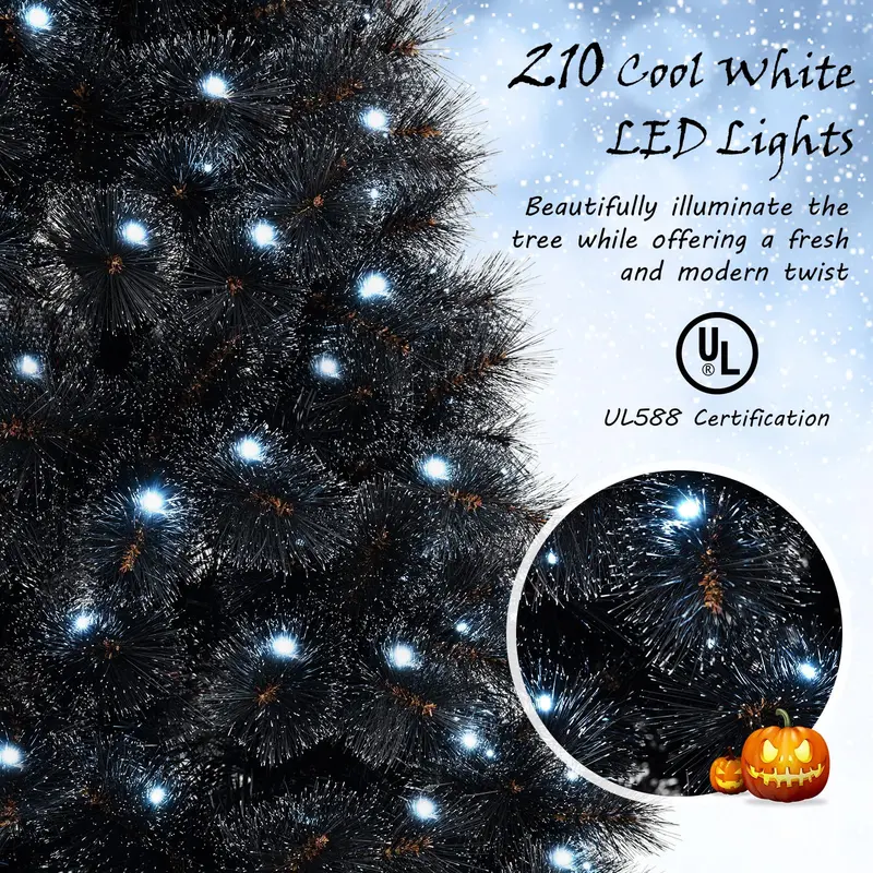 Pre-Lit Black Artificial Christmas Tree — Hinged Full-Profile Design in 6 ft, 7 ft, or 8 ft; Features 362–860 PVC Tips and Pine-Like Texture