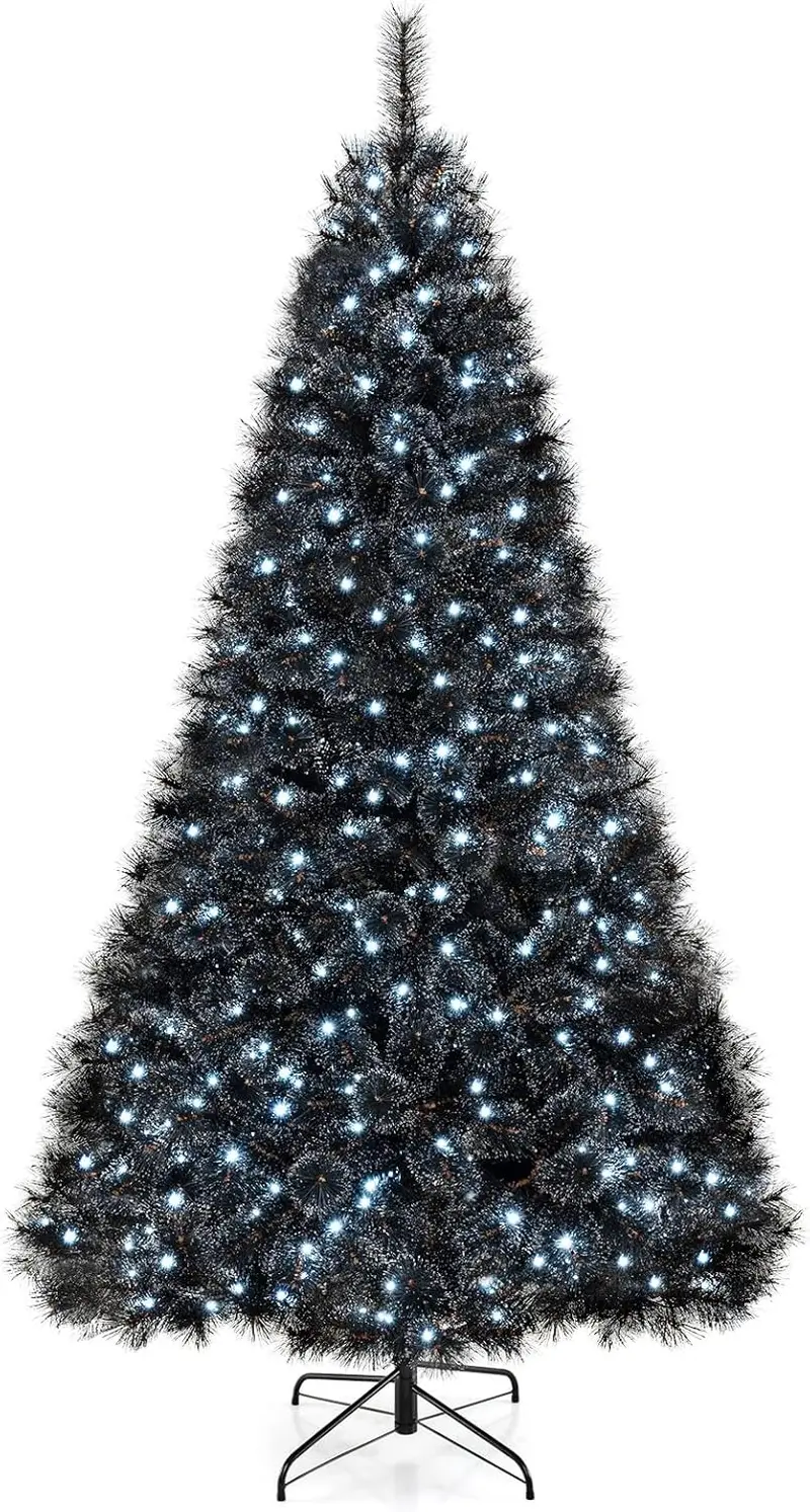 Pre-Lit Black Artificial Christmas Tree — Hinged Full-Profile Design in 6 ft, 7 ft, or 8 ft; Features 362–860 PVC Tips and Pine-Like Texture