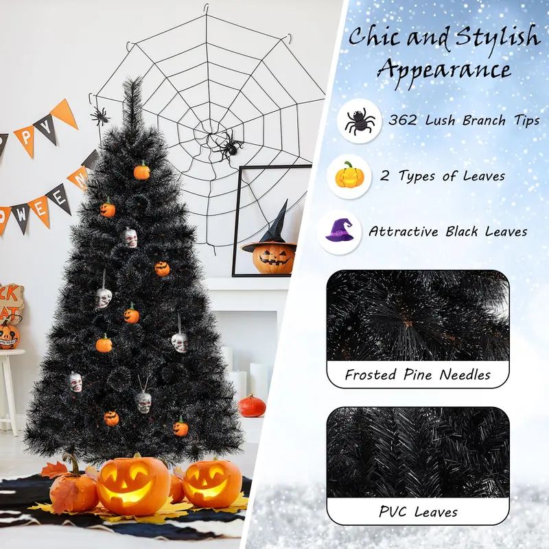 Pre-Lit Black Artificial Christmas Tree — Hinged Full-Profile Design in 6 ft, 7 ft, or 8 ft; Features 362–860 PVC Tips and Pine-Like Texture