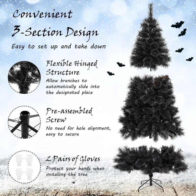 Pre-Lit Black Artificial Christmas Tree — Hinged Full-Profile Design in 6 ft, 7 ft, or 8 ft; Features 362–860 PVC Tips and Pine-Like Texture