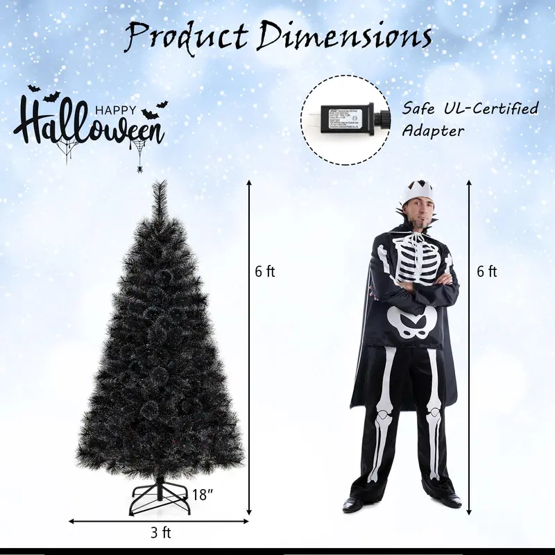 Pre-Lit Black Artificial Christmas Tree — Hinged Full-Profile Design in 6 ft, 7 ft, or 8 ft; Features 362–860 PVC Tips and Pine-Like Texture