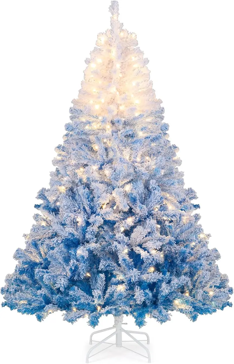 Pre-Lit Snow-Flocked Artificial Christmas Tree with Hinged Construction and Full Branch Profile
