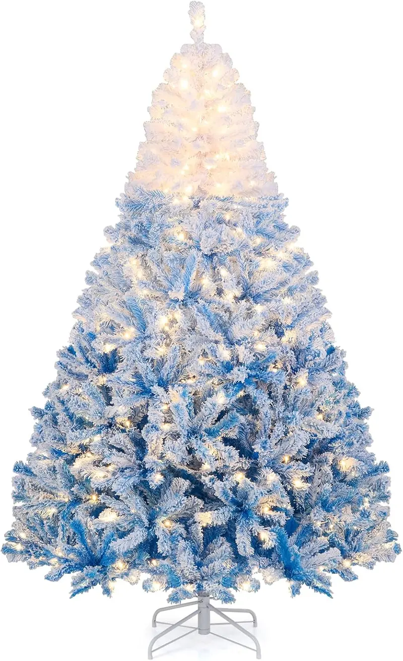 Pre-Lit Snow-Flocked Artificial Christmas Tree with Hinged Construction and Full Branch Profile