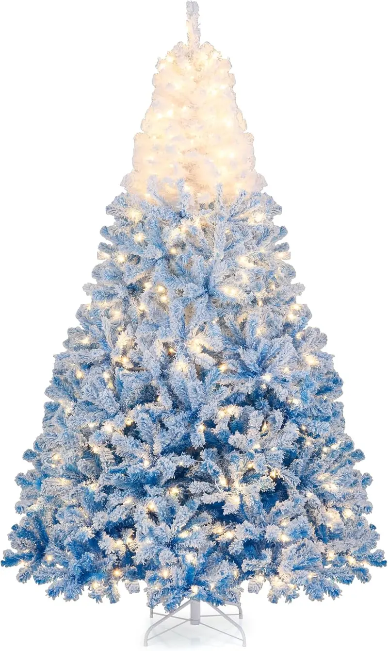 Pre-Lit Snow-Flocked Artificial Christmas Tree with Hinged Construction and Full Branch Profile