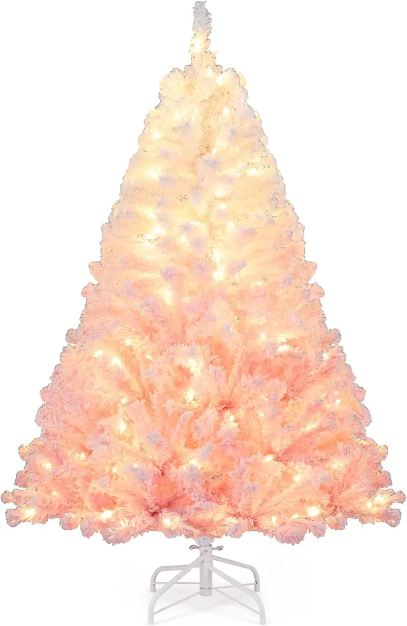 Pre-Lit Snow-Flocked Artificial Christmas Tree with Hinged Construction and Full Branch Profile