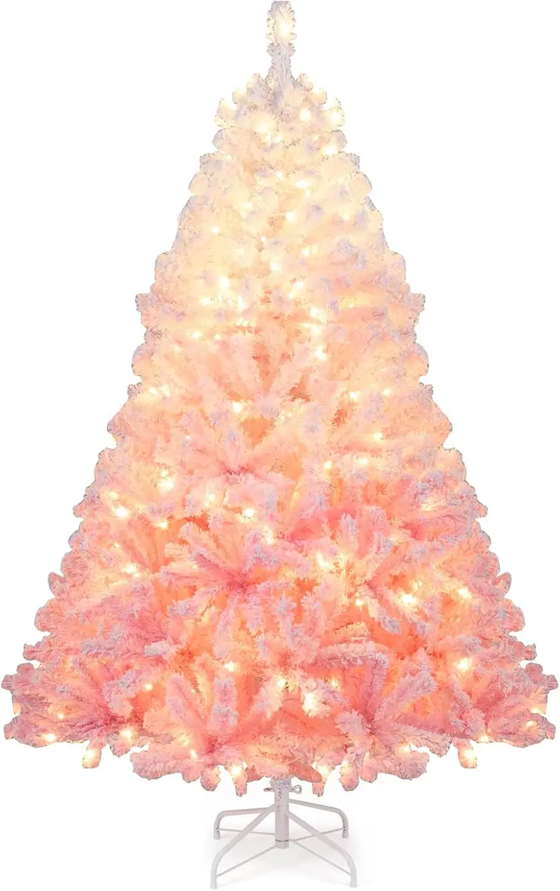 Pre-Lit Snow-Flocked Artificial Christmas Tree with Hinged Construction and Full Branch Profile