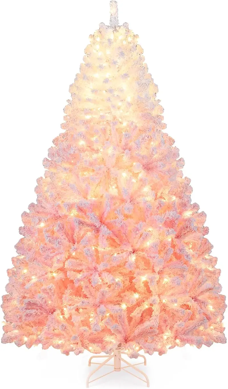 Pre-Lit Snow-Flocked Artificial Christmas Tree with Hinged Construction and Full Branch Profile