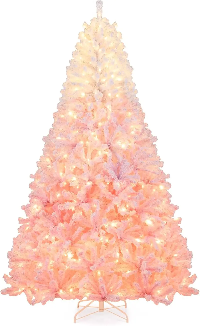 Pre-Lit Snow-Flocked Artificial Christmas Tree with Hinged Construction and Full Branch Profile