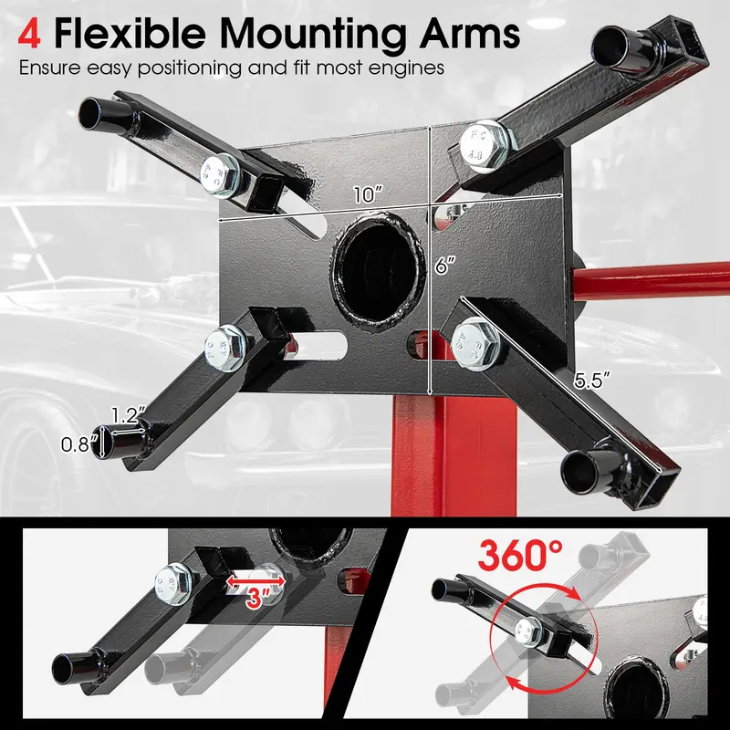 Precision Engine Stand – 750 lb Motor Lift with 360° Rotation, Adjustable Arms & Mobility Wheels