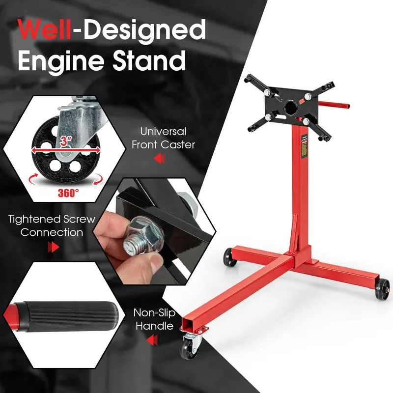 Precision Engine Stand – 750 lb Motor Lift with 360° Rotation, Adjustable Arms & Mobility Wheels