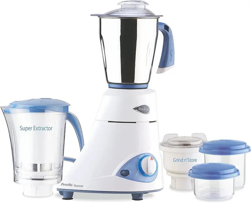 Preethi Blue Leaf Platinum 550W Mixer Grinder – Stainless Steel Blades, 3-Jar Set
