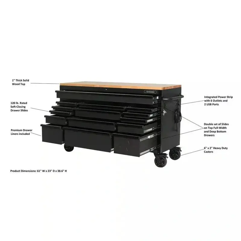 Premium 61" Workshop Workbench – Heavy-Duty 15-Drawer Mobile Unit Featuring Solid Wood Worktop