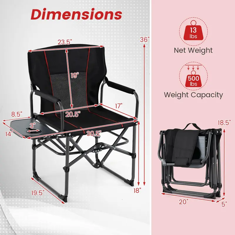 Premium Director Chair with Side Table – Integrated Cup Holder, Lightweight Carry Bag