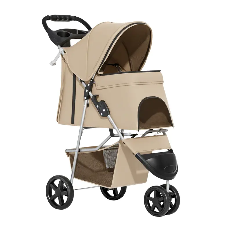 Premium Foldable Pet Stroller – Weatherproof Cover, Cup Holders & Under-Basket Storage