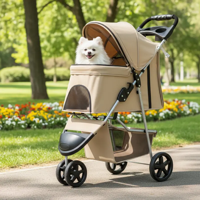 Premium Foldable Pet Stroller – Weatherproof Cover, Cup Holders & Under-Basket Storage