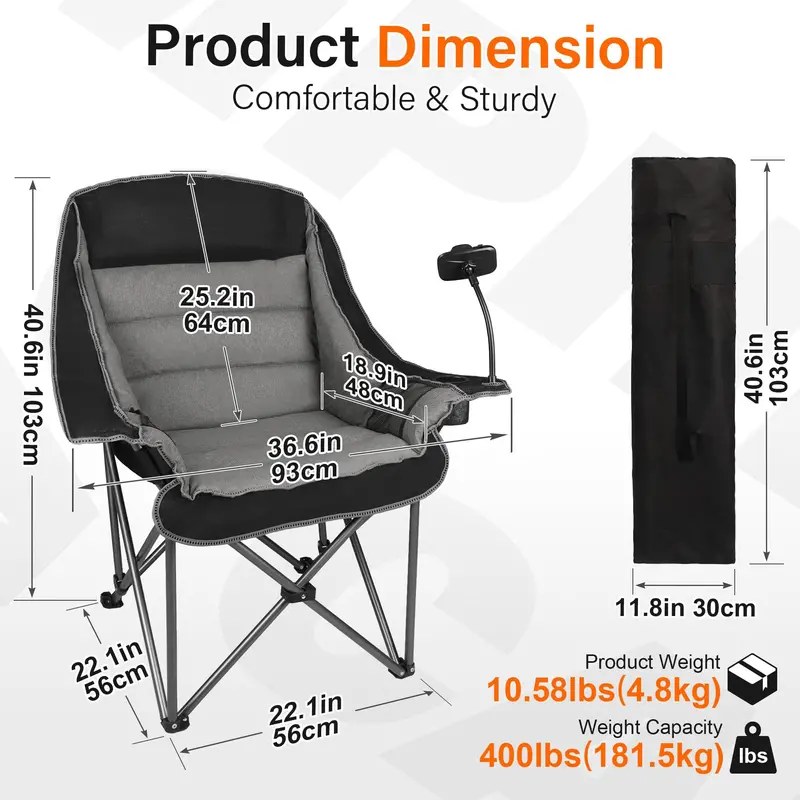 Premium Oversized Single Camping Chair – Heavy-Duty 400-Lb Folding Seat with Cup Holder & Phone Pocket 2