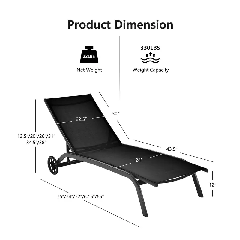 Premium Poolside Lounge Chair – Adjustable 6-Position Chaise with Smooth-Cast Wheels & Quick-Dry Fabric
