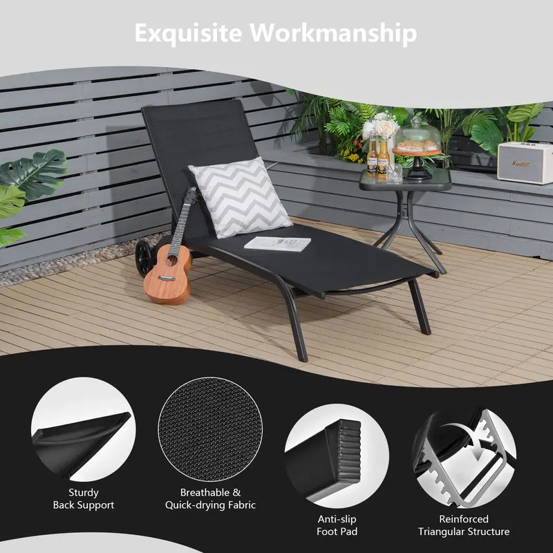 Premium Poolside Lounge Chair – Adjustable 6-Position Chaise with Smooth-Cast Wheels & Quick-Dry Fabric