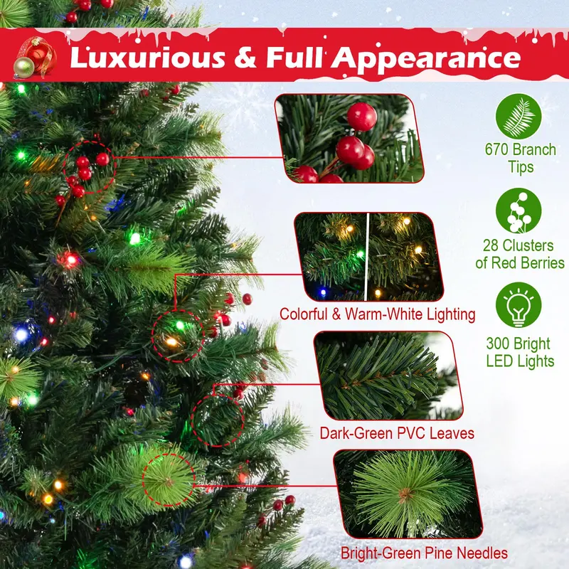 Premium Pre-Lit Hinged Christmas Tree with 670 PVC & Pine Tip Branches