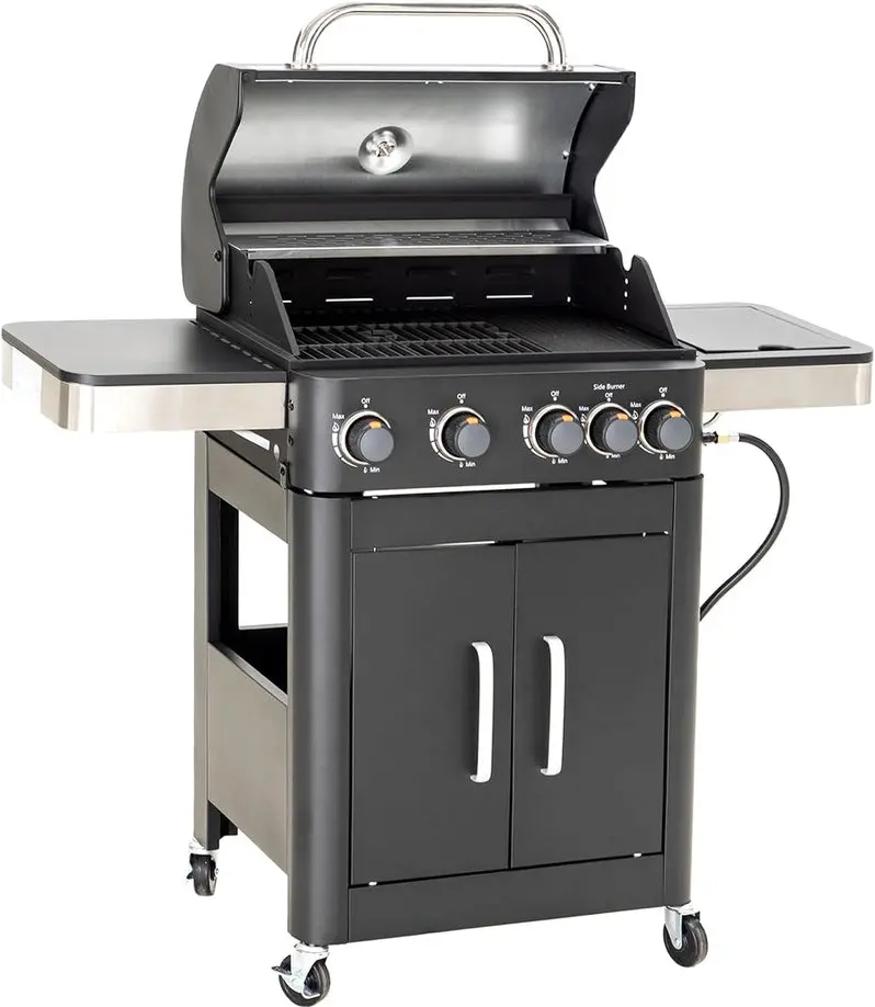 Premium Stainless Steel Propane Grill with Side Burner – 42,000 BTU Outdoor Cooking System with Enameled Cast Iron Grates