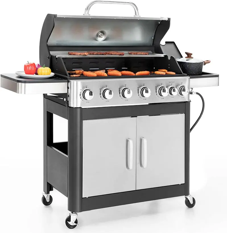Premium Stainless Steel Propane Grill with Side Burner – 42,000 BTU Outdoor Cooking System with Enameled Cast Iron Grates